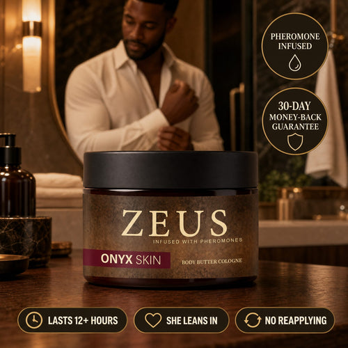 OnyxSkin ZEUS body butter cologne on a bathroom counter — pheromone-infused, 30-day money-back guarantee