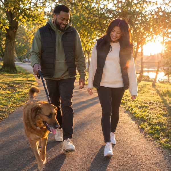 A family walking their dog in the afternoon