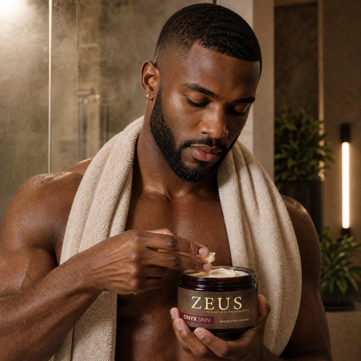 Scooping OnyxSkin body butter after the shower